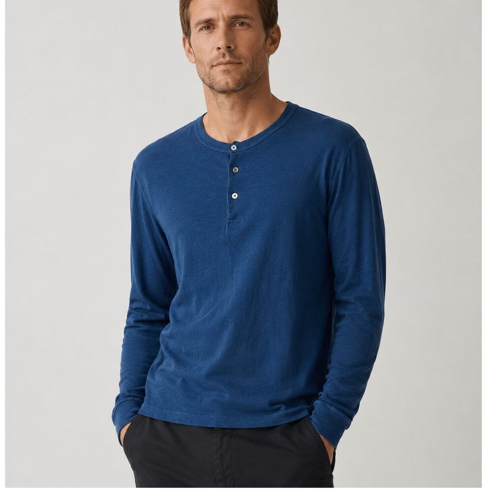 JAMES PERSE Standard Long Sleeve Henley Shirt Blue cotton sz 2